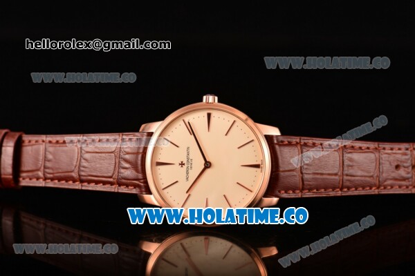 Vacheron Constantin Patrimony Miyota 9015 Automatic Rose Gold Case with Beige Dial Brown Leather Strap and Stick Markers - Click Image to Close